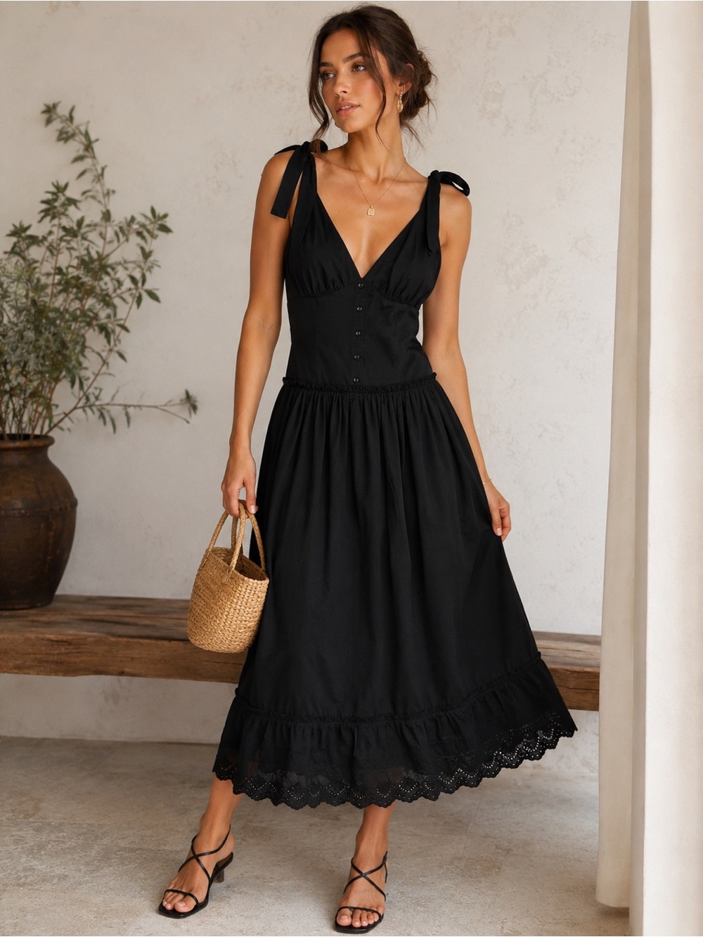 Cotton Jacqui E Black Tie-Shoulder V-Neck Maxi Dress
